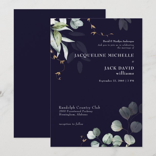 Föräldrarna i marinen Eucalyptus Elegance Bride Br Inbjudningar (Fram/baksida)