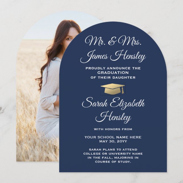 Föräldrarnas blå foto Studenten-meddelande Inbjudningar (Fram/baksida)