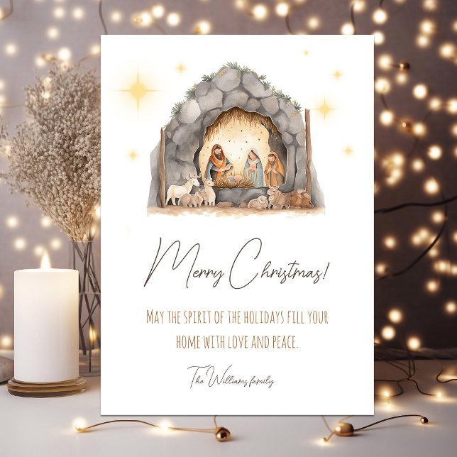 Föråldringsscen för lysande julkort (Illustrated Nativity Scene Christmas Card with personalized text)