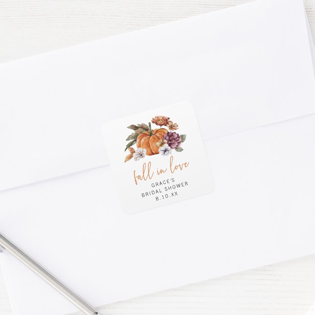 Förälsningsbröllopsfest Fyrkantigt Klistermärke (Fall In Love Bridal Shower Pumpkin and Watercolor Florals Envelope Seal Sticker by Painted Paperie)