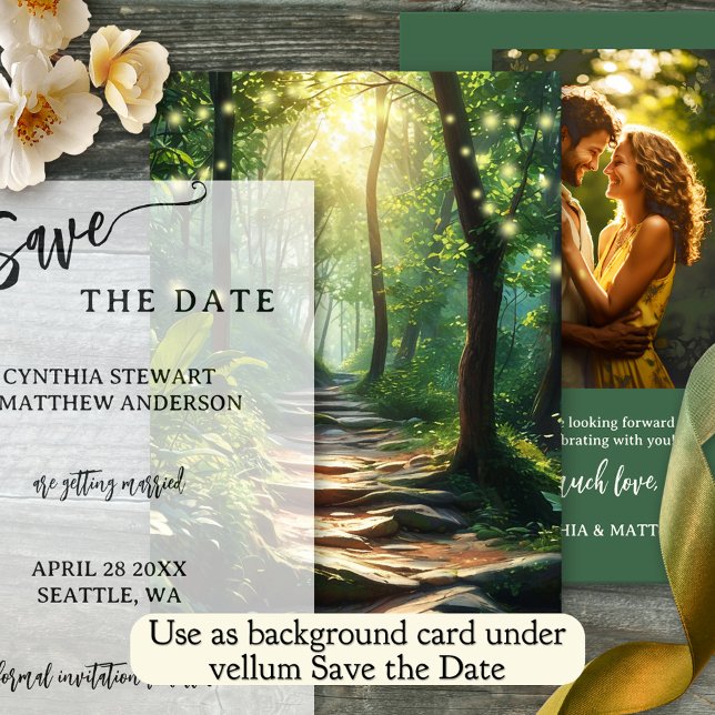 Förändrad bakgrund i skogen Spara datumkortet Spara Datumet (Enchanted forest Save the Date card featuring a sunlit path in a forest with sparkling fairy lights)