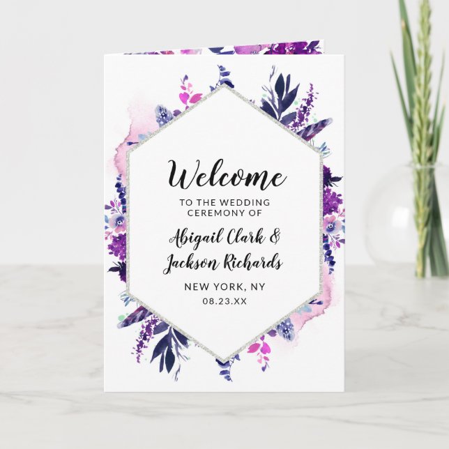 Förändrad Blommigt Lila Hexagon Bröllop Ceremony Program (Framsida)