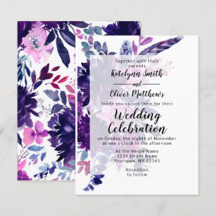 Förändrad Blommigt Violet Lila Feathers Bröllop Inbjudningar