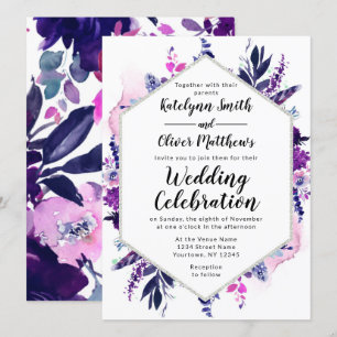 Förändrad Blommigt Violet Watercolor Hexagon Bröll Inbjudningar