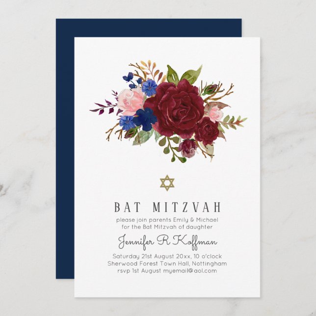 Förändrad burgundy Blue Rosa Blommigt BAT MITZVAH Inbjudningar (Fram/baksida)