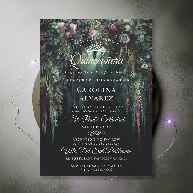 Förändrad Forest Arch Fairytale Church Quinceañera Inbjudningar (enchanted forest quinceanera emerald green mauve purple arch woodland fairy tale faerie church )