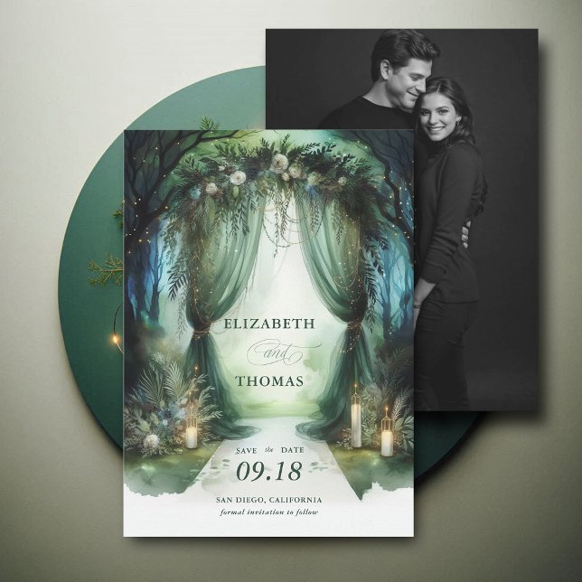 Förändrad Forest Dreamy Moody Canopy Photo Bröllop Spara Datumet (enchanted forest woodland wedding save the date arch canopy calligraphy fairy tale magic moody dark)