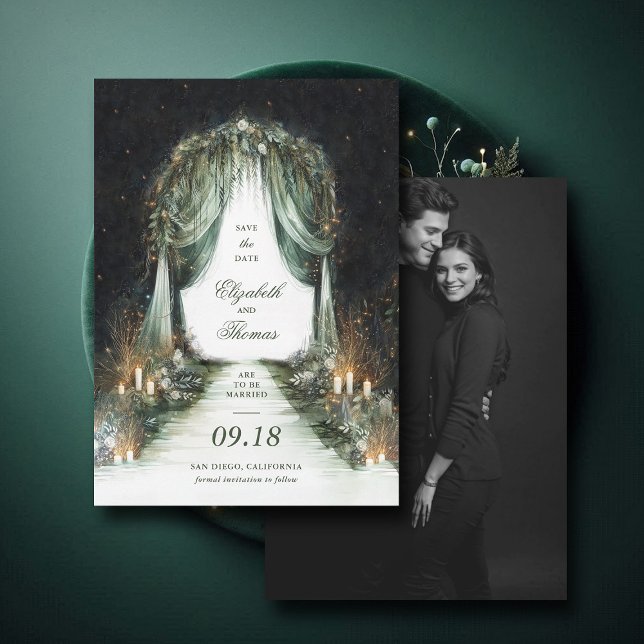 Förändrad Forest Dreamy Night Canopy Photo Bröllop Spara Datumet (enchanted forest woodland wedding save the date romantic canopy fairy tale magic bespoke moody dark)