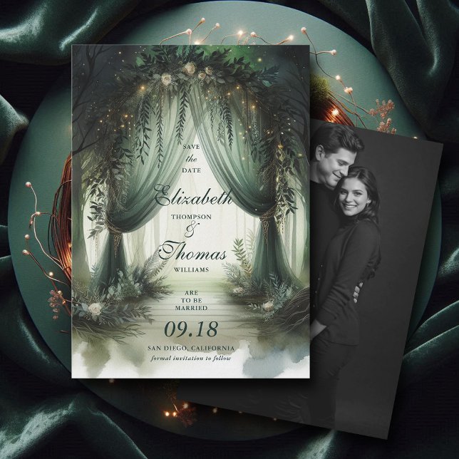 Förändrad Forest Elegant Moody Dream Photo Bröllop Spara Datumet (enchanted forest woodland wedding save the date arch canopy calligraphy fairy tale elegant moody)