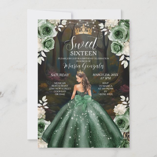 Förändrad Forest Emerald Grönt Dress Sweet sixteen Inbjudningar (Framsida)