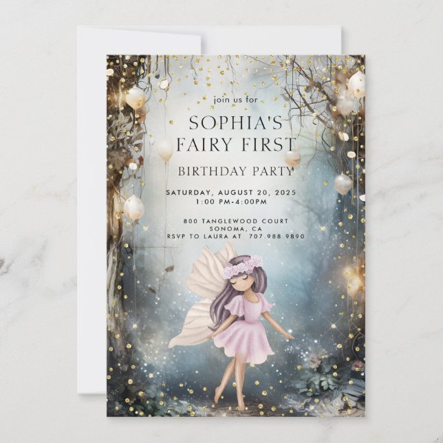 Förändrad Forest Fairy First Girl 1st Birthday Inbjudningar (Framsida)