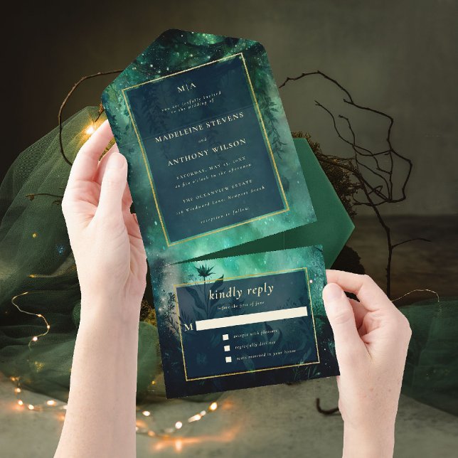 Förändrad Forest Fairytale Greenery Guld Bröllop (enchanted forest wedding invitation seal send romantic greenery all one green gold magical woods)