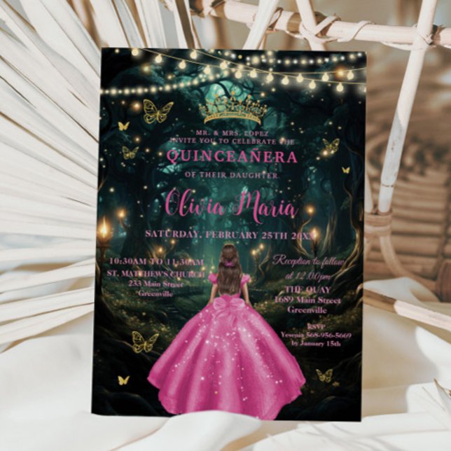Förändrad Forest Fuchsia Rosa Dress XV Quinceañera Inbjudningar (Skapare uppladdad)