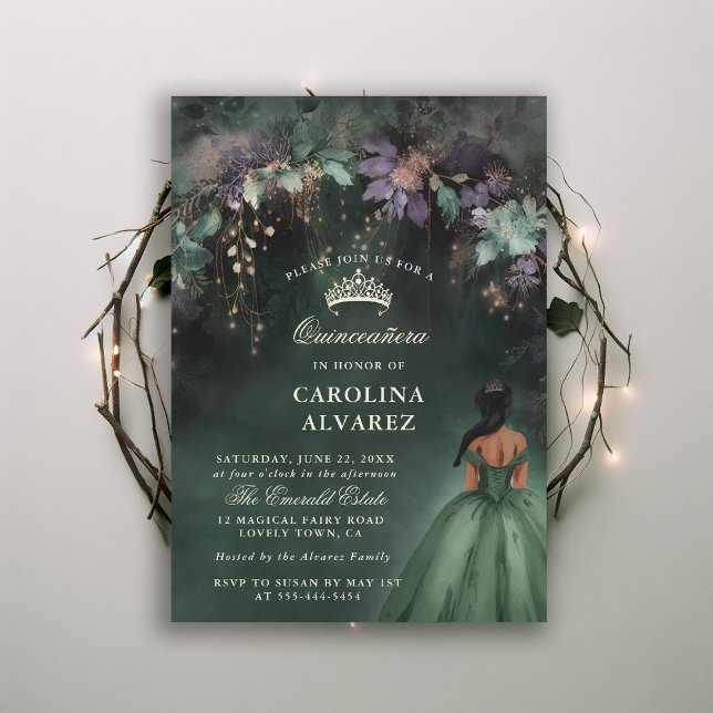 Förändrad Forest Greenery Arch Magic Quinceanera Inbjudningar (enchanted forest quinceanera invitation watercolor princess dress emerald hunter green fairytale)
