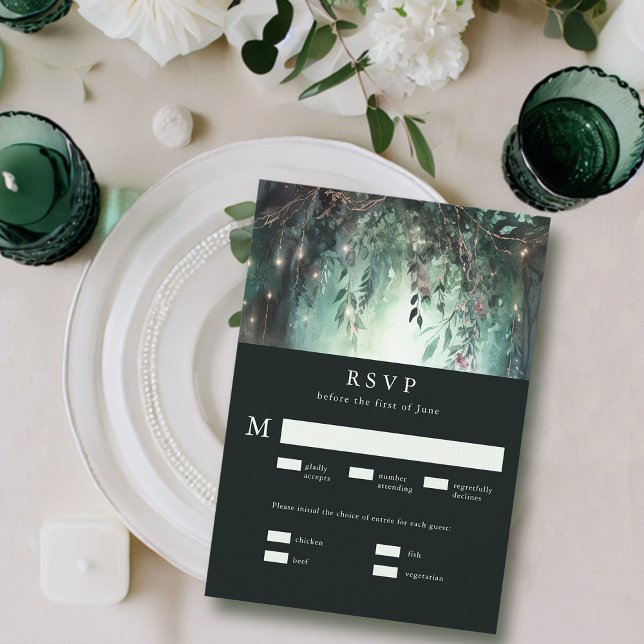 Förändrad Forest Guld Vine Meal Bröllop OSA Kort (enchanted forest rsvp card meal choice modern elegant romantic watercolor gold vines emerald mauve)