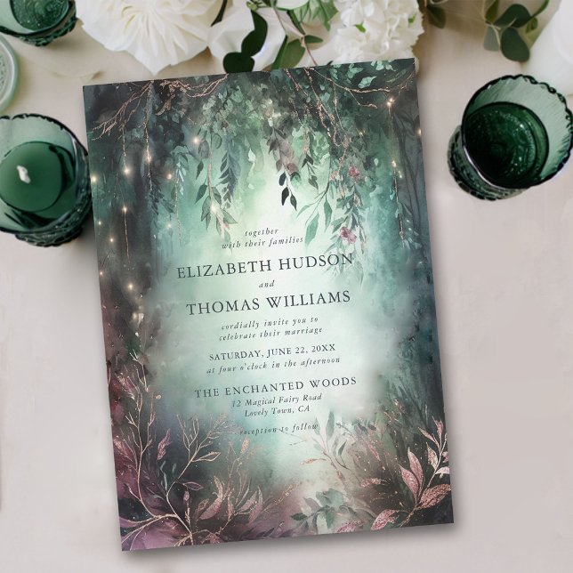 Förändrad Forest Guld Vines Mauve Magic Bröllop Inbjudningar (enchanted forest wedding invitation elegant magical fairy garden foliage greenery overhanging vines )
