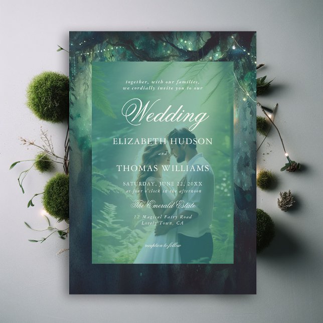 Förändrad Forest Hanging Greenery Photo Bröllop Inbjudningar (enchanted forest photo wedding invitation magical garden fairy lights hanging vines greenery emerald)