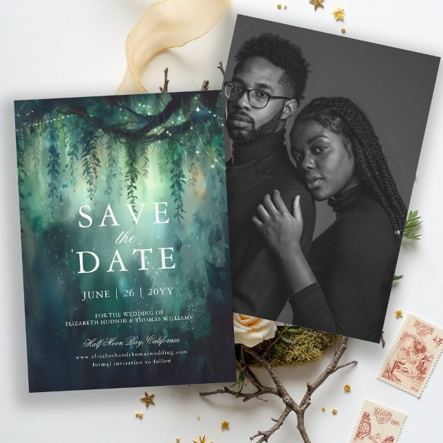 Förändrad Forest Magic Photo Bröllop spara datum Inbjudningar (enchanted forest save the date photo wedding emerald green gold fairytale fairy greenery woodland)