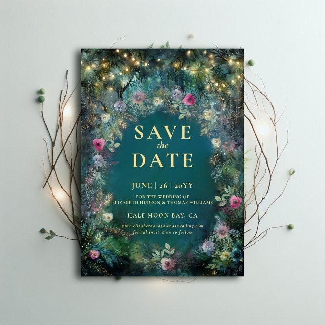 Förändrad Forest Ro Arch Bröllop spara datum Inbjudningar (enchanted forest wedding save date magical fairy tale woodland rose gold emerald green typography)