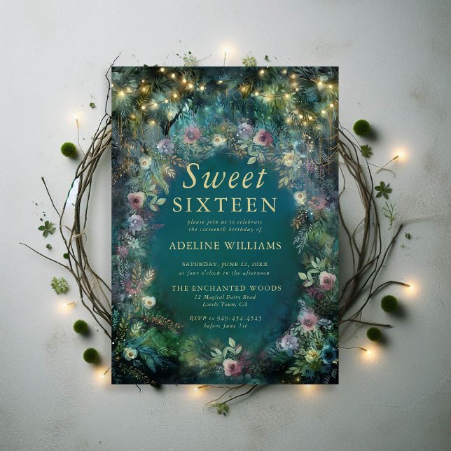 Förändrad Forest Ro Greenery Magic Sweet 16 Inbjudningar (enchanted forest sweet sixteen invitation magical woodland garden roses emerald green gold pink)