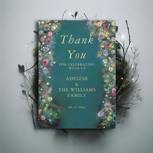 Förändrad Forest Ro Greenery Magic Sweet 16 Tack Kort (enchanted forest sweet 16 wild roses thank you card emerald green gold elegant modern typography)