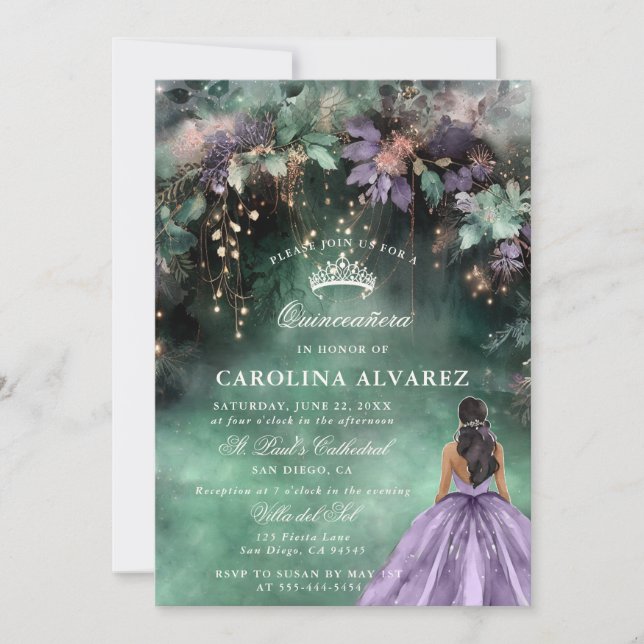 Förändrad Forest Rosa Lavender Elegant Quinceanera Inbjudningar (Framsida)