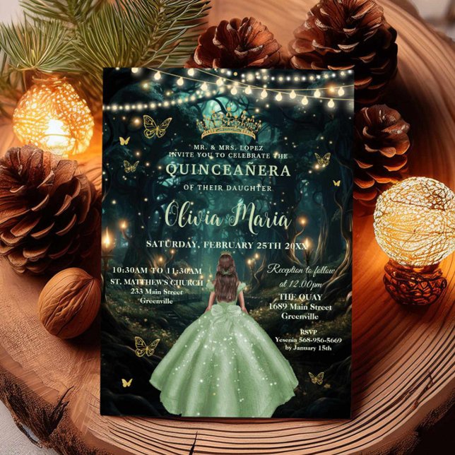 Förändrad Forest Sage Grönt Dress XV Quinceañera Inbjudningar (Skapare uppladdad)