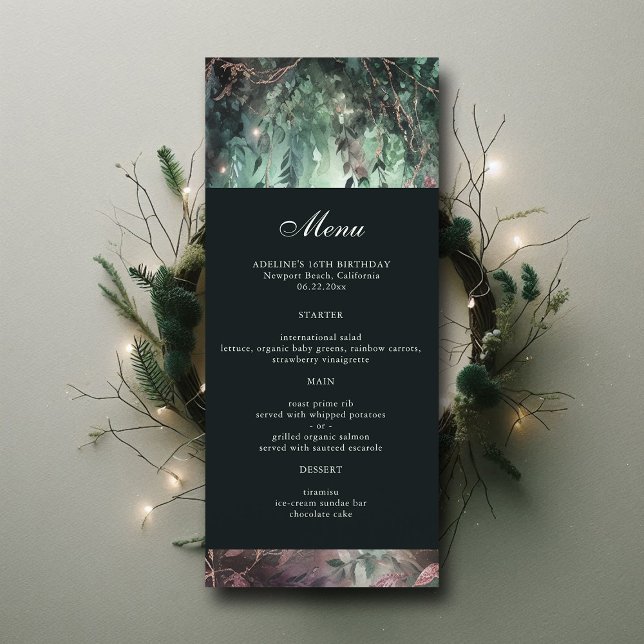 Förändrad Forest Vines Guld Mauve Elegant Menu Meny (enchanted forest sweet 16 birthday menu moody emerald green dripping lights watercolor calligraphy)