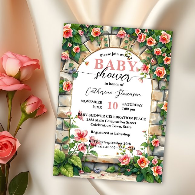 Förändrad Garden Arch med Rosa ros Baby Shower Inbjudningar (Skapare uppladdad)