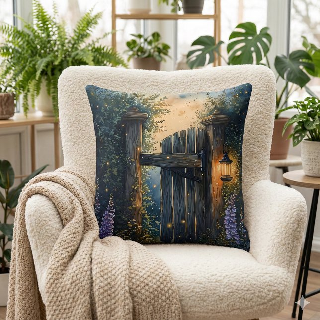 Förändrad Garden Grind under Firefly Himmel Kudde (Enchanted Garden Gate Under Firefly Sky Throw Pillow Mockup A)