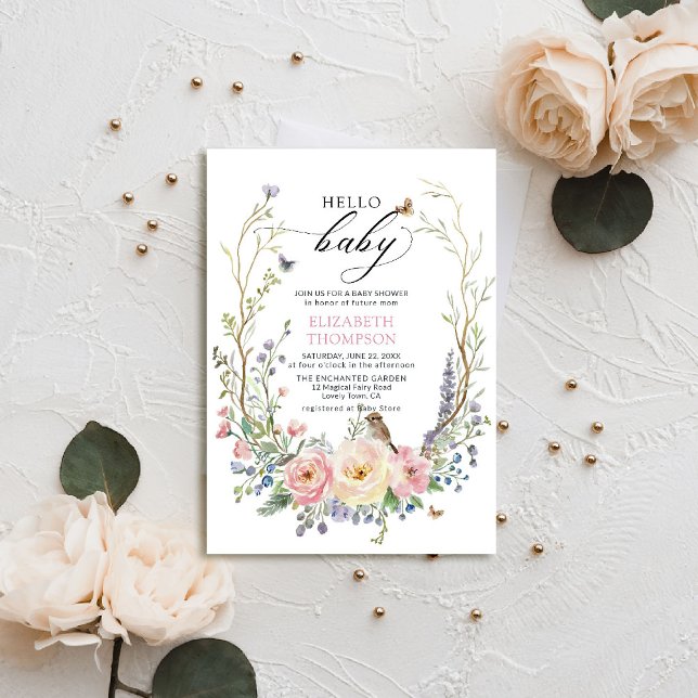 Förändrad Garden Wildbloms Ro Bird Baby Shower Inbjudningar (enchanted garden baby shower invitation woodland forest bird butterfly spring summer whimsical roses)