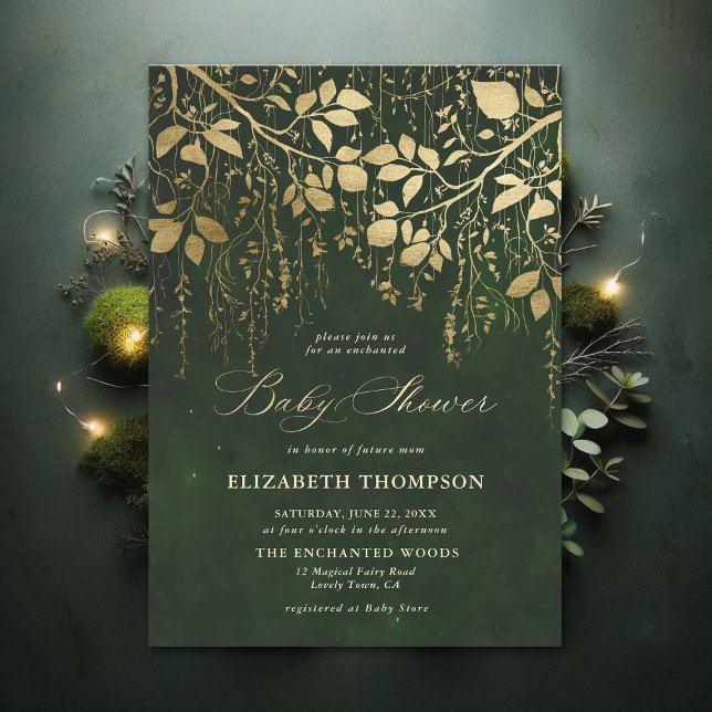 Förändrad Grönt för jakt på skogshuggare i Guld Inbjudningar (Enchanted Forest Hunter Green Draped Greenery Modern Calligraphy Neutral Baby Shower Invitation)