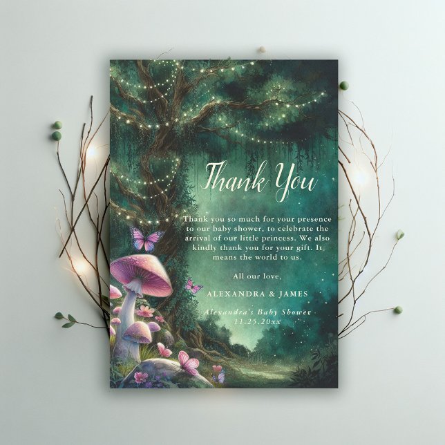 Förändrad Grönt för Rosa av svampsvampar, babyskor Tack Kort (enchanted forest garden mushroom baby shower thank you card woodland magical green pink)