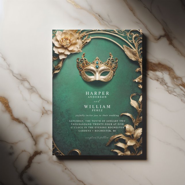 Förändrad grönt och guld Masquerad Bröllop Inbjudningar (Theater green ornated masquerade wedding invitation with a vintage flair)