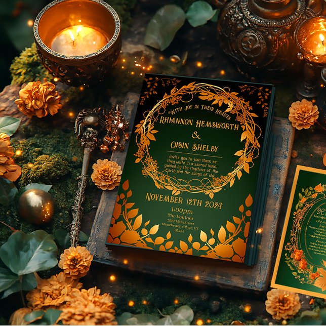 Förändrad Grönt och Orange Druid-Backe höst Inbjudningar (Druid Hill Autumn Wreath Green and Orange Wedding Invitation )