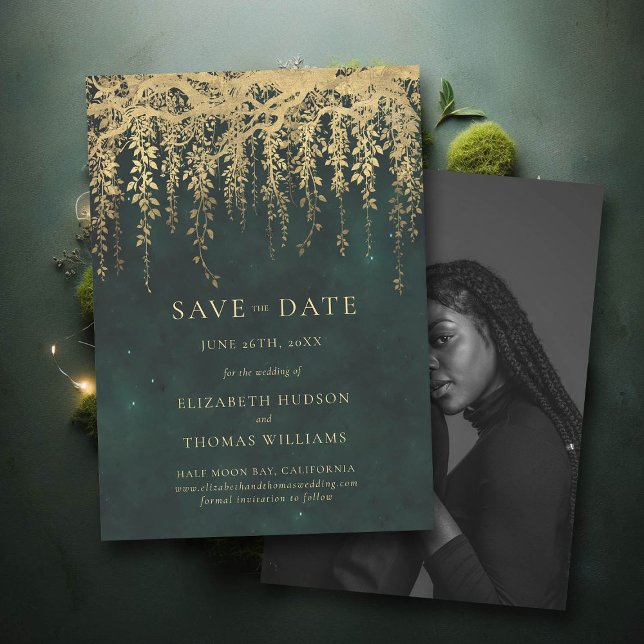 Förändrad Guld Greenery Photo Bröllop Spara Date Inbjudningar (wedding save the date enchanted forest fairytale gold vines typography)