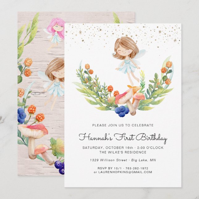 Förändrad inbjudan till Forest Fairy Birthday (Fram/baksida)