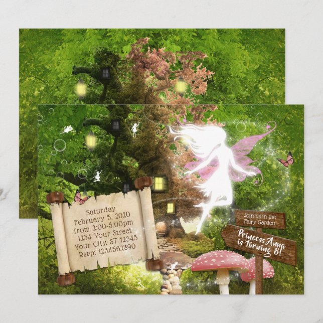 Förändrad inbjudan till Forest Rosa Fairy (Fram/baksida)