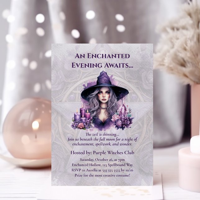 Förändrad inbjudan till Lila Witch Halloween fest (Enchanted Purple Witch Halloween Party Invitation in a feminim witchy room)