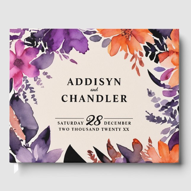 Förändrad Lila + Orange Blommigt Halloween Bröllop Gästböcker (Framsida)