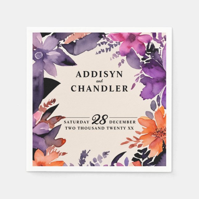 Förändrad Lila + Orange Blommigt Halloween Bröllop Pappersservett (Framsidan)