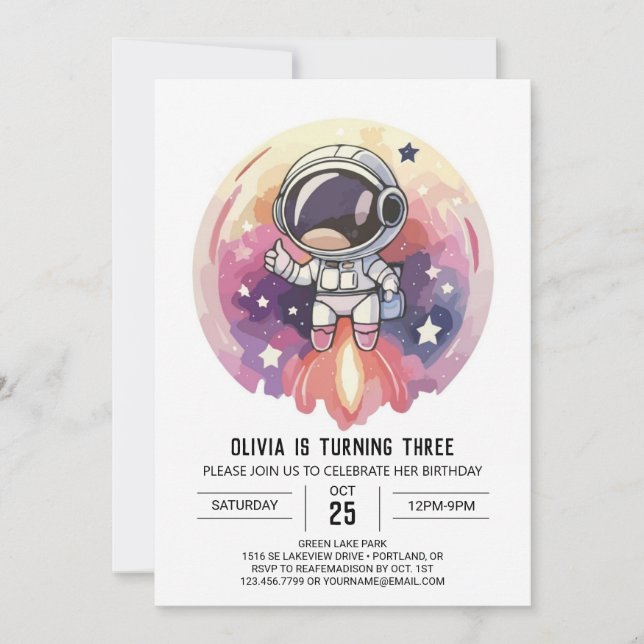 Förändrad Rosa Äventyr Astronaut Birthday Inbjudningar (Framsida)