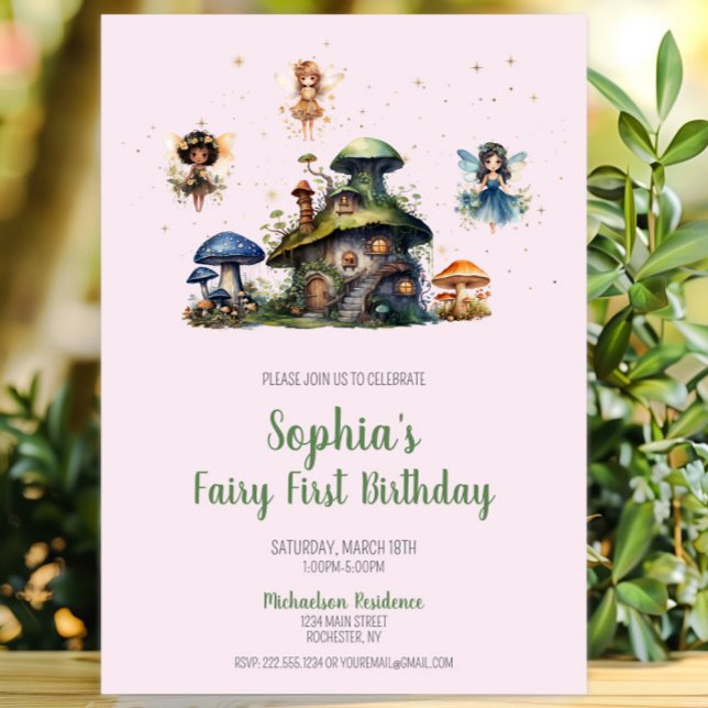 Förändrad Rosa Fairy First Birthday Mushroom Inbjudningar (Enchanted Fairy First Birthday Mushroom Invitation, Whimsical Fairy Garden Invite, Woodland Pixie)