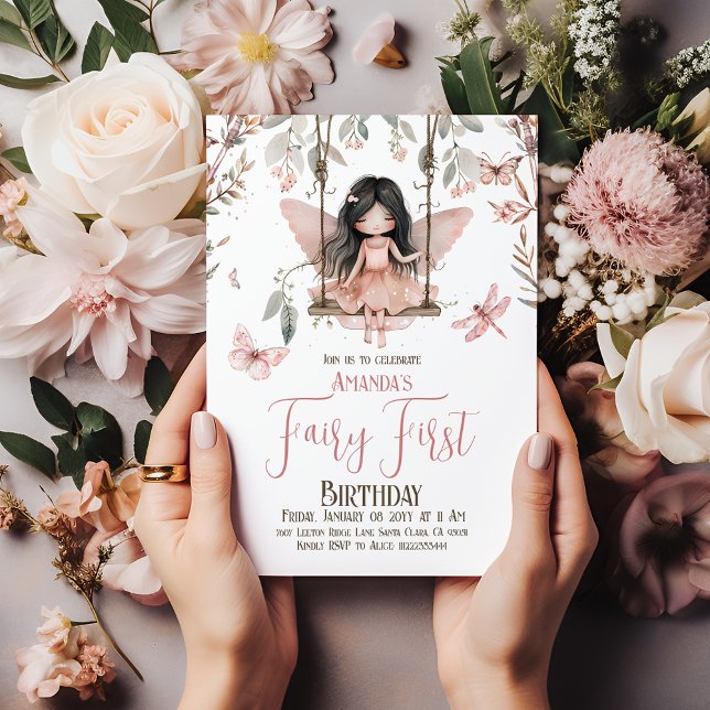 Förändrad  Rosa Fairy Första födelsedag Inbjudningar (Skapare uppladdad)