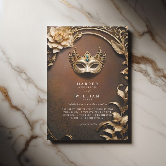 Förändrad rost och guld Masquerad Bröllop Inbjudningar (Rusty brown with copper tones masqurade wedding invite, gold foliage and decorative venetian mask)