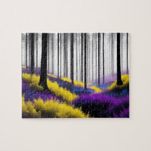 Förändrad skog med Lila- och Gult design Pussel