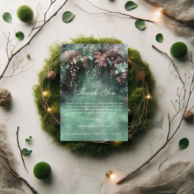 Förändrad skogshuggare Greenery Arch Magic Baby Sh Tack Kort (enchanted baby shower thank you card fairytale forest foliage magical fairy faerie woodland green)