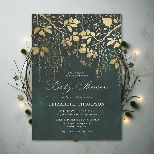 Förändrad skogshuggare i Guld Greenery Magic Baby  Inbjudningar (Enchanted Forest Emerald Green Draped Greenery Modern Calligraphy Neutral Baby Shower Invitation)