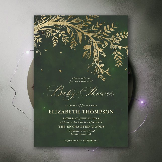 Förändrad skogskassaapparat för avkylning av blomm inbjudningar (Enchanted Forest Hunter Green Greenery Modern Calligraphy Neutral Baby Shower Invitation)