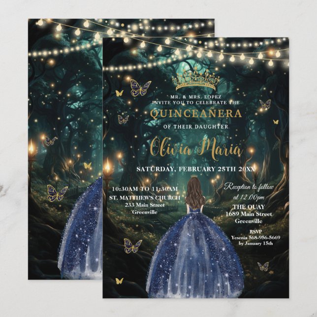 Förändrad skogsmarin blå klänning Quinceañera 16 Inbjudningar (Fram/baksida)